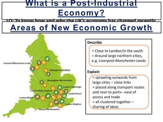 Describe
Explain
What is a Post-Industrial
Economy?
LO: To know how and why the UK’s economy has changed recently.
= Close to London/in the south
= Around large northern cities,
e.g. Liverpool-Manchester-Leeds
= sprawling outwards from
large cities – close links
= placed along transport routes
and near to ports– ease of
access and trade
= all clustered together –
sharing of ideas
Areas of New Economic Growth
 