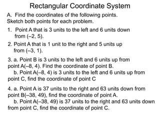 A. Find the coordinates of the following points.
Sketch both points for each problem.
Rectangular Coordinate System
1. Point A that is 3 units to the left and 6 units down
from (–2, 5).
2. Point A that is 1 unit to the right and 5 units up
from (–3, 1).
3. a. Point B is 3 units to the left and 6 units up from
point A(–8, 4). Find the coordinate of point B.
b. Point A(–8, 4) is 3 units to the left and 6 units up from
point C, find the coordinate of point C
4. a. Point A is 37 units to the right and 63 units down from
point B(–38, 49), find the coordinate of point A.
b. Point A(–38, 49) is 37 units to the right and 63 units down
from point C, find the coordinate of point C.
 