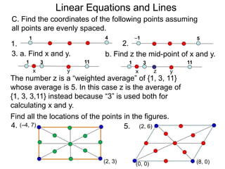 Linear Equations and Lines
C. Find the coordinates of the following points assuming
all points are evenly spaced.
1.
1 4
2.
–1 5
1 3 11
3. a. Find x and y.
x zy
The number z is a “weighted average” of {1, 3, 11}
whose average is 5. In this case z is the average of
{1, 3, 3,11} instead because “3” is used both for
calculating x and y.
1 3 11
b. Find z the mid-point of x and y.
x y
Find all the locations of the points in the figures.
(–4, 7)
(2, 3) (0, 0) (8, 0)
(2, 6)4. 5.
 