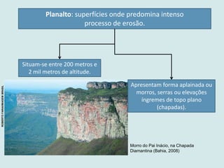 Planalto: superfícies onde predomina intenso
processo de erosão.
Situam-se entre 200 metros e
2 mil metros de altitude.
Apresentam forma aplainada ou
morros, serras ou elevações
íngremes de topo plano
(chapadas).
Morro do Pai Inácio, na Chapada
Diamantina (Bahia, 2008)
ROBERTOFARIA/IMAGEMBRASIL
 