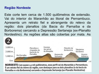 Região Nordeste
Este corte tem cerca de 1.500 quilômetros de extensão.
Vai do interior do Maranhão ao litoral de Pernambuco.
Apresenta um retrato fiel e abrangente do relevo da
região: dois planaltos (da Bacia do Parnaíba e da
Borborema) cercando a Depressão Sertaneja (ex-Planalto
Nordestino). As regiões altas são cobertas por mata. As
baixas, por caatinga.
 
