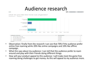 Audience research
• Observation: finally from the research I can see that 70% if the audience prefer
online free roaming while 20% like online campaigns and 10% like offline
campaign.
• What this says about my audience: I can tell that the audience prefer to roam
around and play with their friends doing different things.
• How will your product appeal to this audience: I will make most the game free
roaming doing challenges to get money. As this will appeal to my audience more.
 
