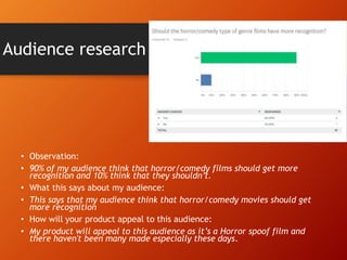 Audience research
• Observation:
• 90% of my audience think that horror/comedy films should get more
recognition and 10% think that they shouldn’t.
• What this says about my audience:
• This says that my audience think that horror/comedy movies should get
more recognition
• How will your product appeal to this audience:
• My product will appeal to this audience as it’s a Horror spoof film and
there haven't been many made especially these days.
 
