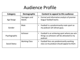 Audience Profile
Category Demographic Content to appeal to this audience
Age Range
Teenagers and
Adults
• Formal and informative analysis of premier
league football teams
Gender
Male • Football is a predominantly male sport so
my podcast will attract guys.
Psychographic
Achiever • Football is an achieving sport where you win
things so achievers will be attracted to my
podcast
Social Status
Working Class • Football fans are predominantly working
class so my product should appeal to them
 