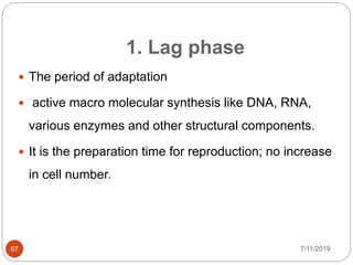 1. Lag phase
 The period of adaptation
 active macro molecular synthesis like DNA, RNA,
various enzymes and other structural components.
 It is the preparation time for reproduction; no increase
in cell number.
7/11/201967
 