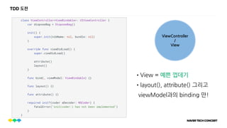 TDD 도전
•View = 예쁜 껍데기
•layout(), attribute() 그리고
viewModel과의 binding 만!
ViewController
/
View
 
