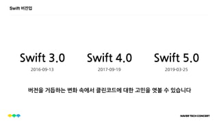 Swift 버전업
Swift 4.0 Swift 5.0Swift 3.0
2016-09-13 2017-09-19 2019-03-25
버전을 거듭하는 변화 속에서 클린코드에 대한 고민을 엿볼 수 있습니다
 