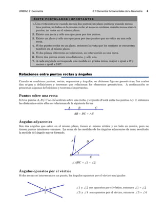 UNIDAD 2 Geometría 2.1 Elementos fundamentales de la Geometría 4
2
43
1
S i e t e p o s t u l a d o s i m p o r t a n t e s
1. Una recta contiene cuando menos dos puntos; un plano contiene cuando menos
tres puntos, no todos en la misma recta; el espacio contiene cuando menos cuatro
puntos, no todos en el mismo plano.
2. Existe una recta y sólo una que pasa por dos puntos.
3. Existe un plano y sólo uno que pasa por tres puntos que no están en una sola
recta.
4. Si dos puntos están en un plano, entonces la recta que los contiene se encuentra
también en el mismo plano.
5. Si dos planos diferentes se intersecan, su intersección es una recta.
6. Entre dos puntos existe una distancia, y sólo una.
7. A cada ángulo le corresponde una medida en grados única, mayor o igual a 0º y
menor o igual a 180º.
Relaciones entre puntos rectas y ángulos
Cuando se combinan puntos, rectas, segmentos y ángulos, se obtienen figuras geométricas; las cuales
dan origen a definiciones y teoremas que relacionan los elementos geométricos. A continuación se
presentan algunas definiciones y teoremas importantes.
Puntos sobre una recta
Si tres puntos A, B y C se encuentran sobre una recta, y el punto B está entre los puntos A y C, entonces
las distancias entre ellos se relacionan de la siguiente forma
A B C
AB BC AC 
Ángulos adyacentes
Son dos ángulos que están en el mismo plano, tienen el mismo vértice y un lado en común, pero no
tienen puntos interiores comunes. La suma de las medidas de los ángulos adyacentes da como resultado
la medida del ángulo mayor formado.
B
C
D
2
A
1
1 2ABC    
Ángulos opuestos por el vértice
Si dos rectas se intersecan en un punto, los ángulos opuestos por el vértice son iguales
1 y 2 son opuestos por el vértice, entonces 1 2  
3 y 4 son opuestos por el vértice, entonces 3 4  
 