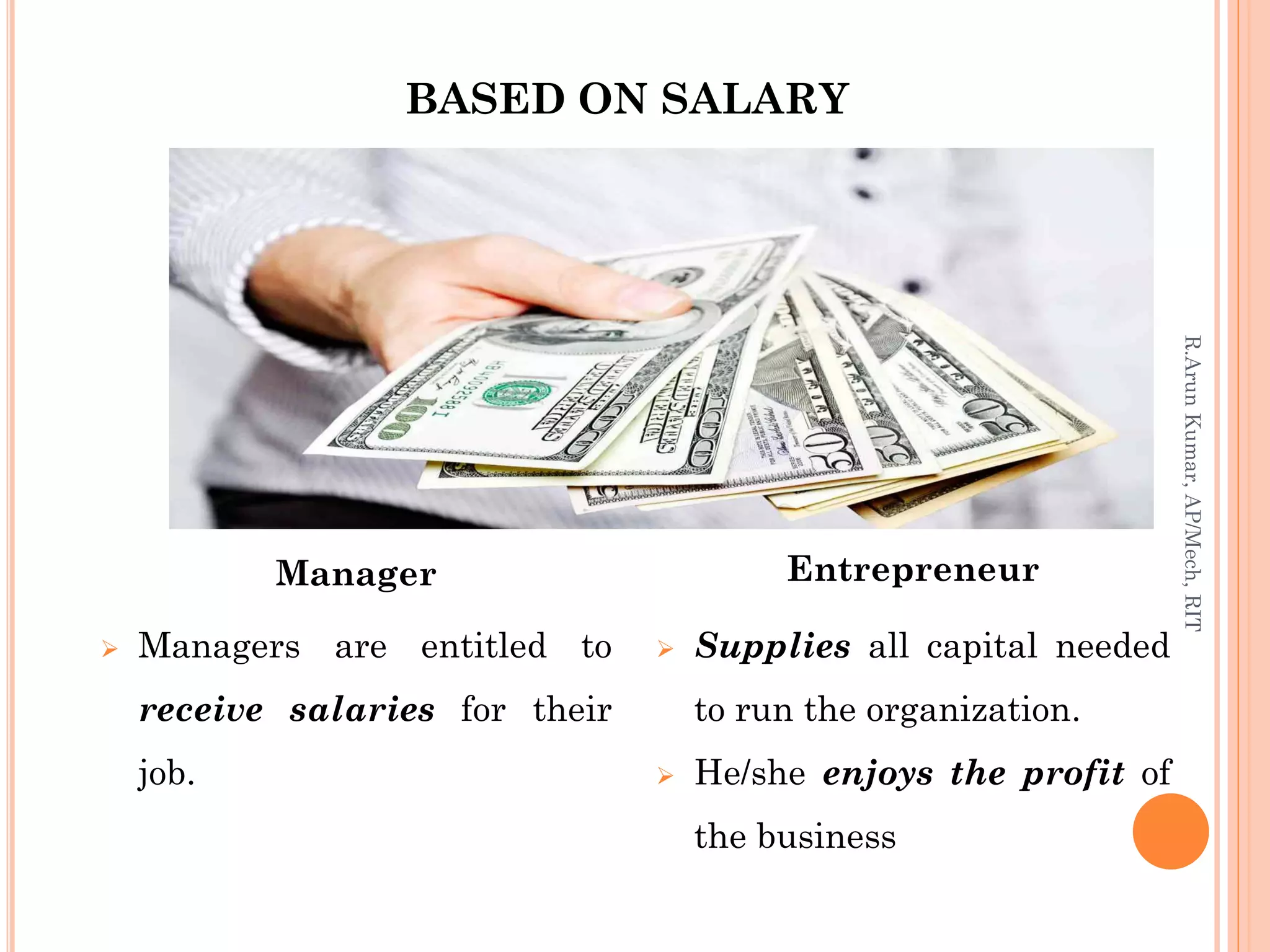 BASED ON SALARY
Manager
 Managers are entitled to
receive salaries for their
job.
Entrepreneur
 Supplies all capital needed
to run the organization.
 He/she enjoys the profit of
the business
R.ArunKumar,AP/Mech,RIT
 