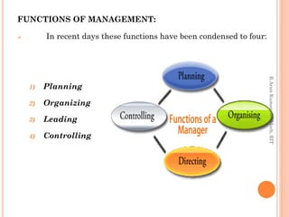 FUNCTIONS OF MANAGEMENT:
 In recent days these functions have been condensed to four:
1) Planning
2) Organizing
3) Leading
4) Controlling
R.ArunKumar,AP/Mech,RIT
 