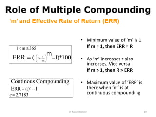 Dr Raju Indukoori 19
Role of Multiple Compounding
• Minimum value of ‘m’ is 1
If m = 1, then ERR = R
• As ‘m’ increases r also
increases, Vice versa
If m > 1, then R > ERR
• Maximum value of ‘ERR’ is
there when ‘m’ is at
continuous compounding
100*)1m
r
1(ERR
365m1








m
 
7183.2
1ERR e
gCompoundinContinous


e
r
‘m’ and Effective Rate of Return (ERR)
 