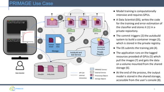 5
PRIMAGE Use Case
Job exec
service
Distributed
Tensorflow
Classifier Unity tests
Autobuild and
test Service
Private
Registry
Storage
Input
Data
API Call
Internal
Interaction
PRIMAGE Service
External Service
Processing Objects
Storage Objects
1
2
4
5
6
7
38
Trained
Model
GPUs GPUs
● Model training is computationally
intensive and requires GPUs.
● A Data Scientist (DS), writes the code
for the training and error estimation of
the classifier and stores it (1) in a
private repository.
● The commit triggers (2) the autobuild
system to build a container image (3),
which is stored in the private registry.
● The DS submits the training job (4).
● The application runs on the tagged
resources provided of GPUs (5) which
pull the images (7) and gets the data
on a volume mounted from the shared
storage (6).
● At the end of the process, the output
model is stored in the shared storage,
accessible from the user’s console (8).
Data Scientist
 