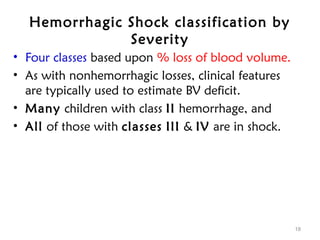 Hemorrhagic Shock classification by
Severity
• Four classes based upon % loss of blood volume.
• As with nonhemorrhagic losses, clinical features
are typically used to estimate BV deficit.
• Many children with class II hemorrhage, and
• All of those with classes III & IV are in shock.
18
 