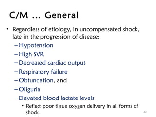 C/M ... General
• Regardless of etiology, in uncompensated shock,
late in the progression of disease:
– Hypotension
– High SVR
– Decreased cardiac output
– Respiratory failure
– Obtundation, and
– Oliguria
– Elevated blood lactate levels
• Reflect poor tissue oxygen delivery in all forms of
shock. 22
 