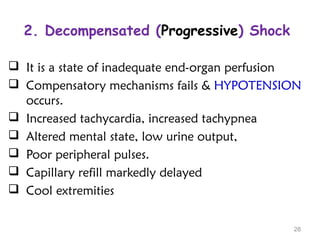 2. Decompensated (Progressive) Shock
 It is a state of inadequate end-organ perfusion
 Compensatory mechanisms fails & HYPOTENSION
occurs.
 Increased tachycardia, increased tachypnea
 Altered mental state, low urine output,
 Poor peripheral pulses.
 Capillary refill markedly delayed
 Cool extremities
28
 