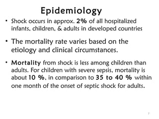 Epidemiology
• Shock occurs in approx. 2% of all hospitalized
infants, children, & adults in developed countries
• The mortality rate varies based on the
etiology and clinical circumstances.
• Mortality from shock is less among children than
adults. For children with severe sepsis, mortality is
about 10 %, in comparison to 35 to 40 % within
one month of the onset of septic shock for adults.
7
 