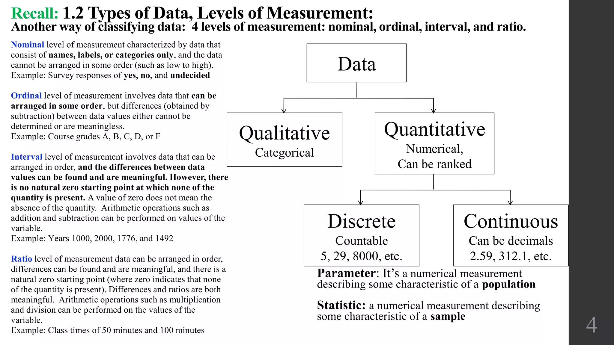 Data
Qualitative
Categorical
Quantitative
Numerical,
Can be ranked
Discrete
Countable
5, 29, 8000, etc.
Continuous
Can be decimals
2.59, 312.1, etc.
4
Parameter: It’s a numerical measurement
describing some characteristic of a population
Statistic: a numerical measurement describing
some characteristic of a sample
Recall: 1.2 Types of Data, Levels of Measurement:
Another way of classifying data: 4 levels of measurement: nominal, ordinal, interval, and ratio.
Nominal level of measurement characterized by data that
consist of names, labels, or categories only, and the data
cannot be arranged in some order (such as low to high).
Example: Survey responses of yes, no, and undecided
Ordinal level of measurement involves data that can be
arranged in some order, but differences (obtained by
subtraction) between data values either cannot be
determined or are meaningless.
Example: Course grades A, B, C, D, or F
Interval level of measurement involves data that can be
arranged in order, and the differences between data
values can be found and are meaningful. However, there
is no natural zero starting point at which none of the
quantity is present. A value of zero does not mean the
absence of the quantity. Arithmetic operations such as
addition and subtraction can be performed on values of the
variable.
Example: Years 1000, 2000, 1776, and 1492
Ratio level of measurement data can be arranged in order,
differences can be found and are meaningful, and there is a
natural zero starting point (where zero indicates that none
of the quantity is present). Differences and ratios are both
meaningful. Arithmetic operations such as multiplication
and division can be performed on the values of the
variable.
Example: Class times of 50 minutes and 100 minutes
 