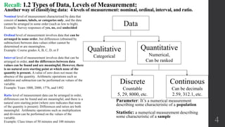 Data
Qualitative
Categorical
Quantitative
Numerical,
Can be ranked
Discrete
Countable
5, 29, 8000, etc.
Continuous
Can be decimals
2.59, 312.1, etc.
4
Parameter: It’s a numerical measurement
describing some characteristic of a population
Statistic: a numerical measurement describing
some characteristic of a sample
Recall: 1.2 Types of Data, Levels of Measurement:
Another way of classifying data: 4 levels of measurement: nominal, ordinal, interval, and ratio.
Nominal level of measurement characterized by data that
consist of names, labels, or categories only, and the data
cannot be arranged in some order (such as low to high).
Example: Survey responses of yes, no, and undecided
Ordinal level of measurement involves data that can be
arranged in some order, but differences (obtained by
subtraction) between data values either cannot be
determined or are meaningless.
Example: Course grades A, B, C, D, or F
Interval level of measurement involves data that can be
arranged in order, and the differences between data
values can be found and are meaningful. However, there
is no natural zero starting point at which none of the
quantity is present. A value of zero does not mean the
absence of the quantity. Arithmetic operations such as
addition and subtraction can be performed on values of the
variable.
Example: Years 1000, 2000, 1776, and 1492
Ratio level of measurement data can be arranged in order,
differences can be found and are meaningful, and there is a
natural zero starting point (where zero indicates that none
of the quantity is present). Differences and ratios are both
meaningful. Arithmetic operations such as multiplication
and division can be performed on the values of the
variable.
Example: Class times of 50 minutes and 100 minutes
 