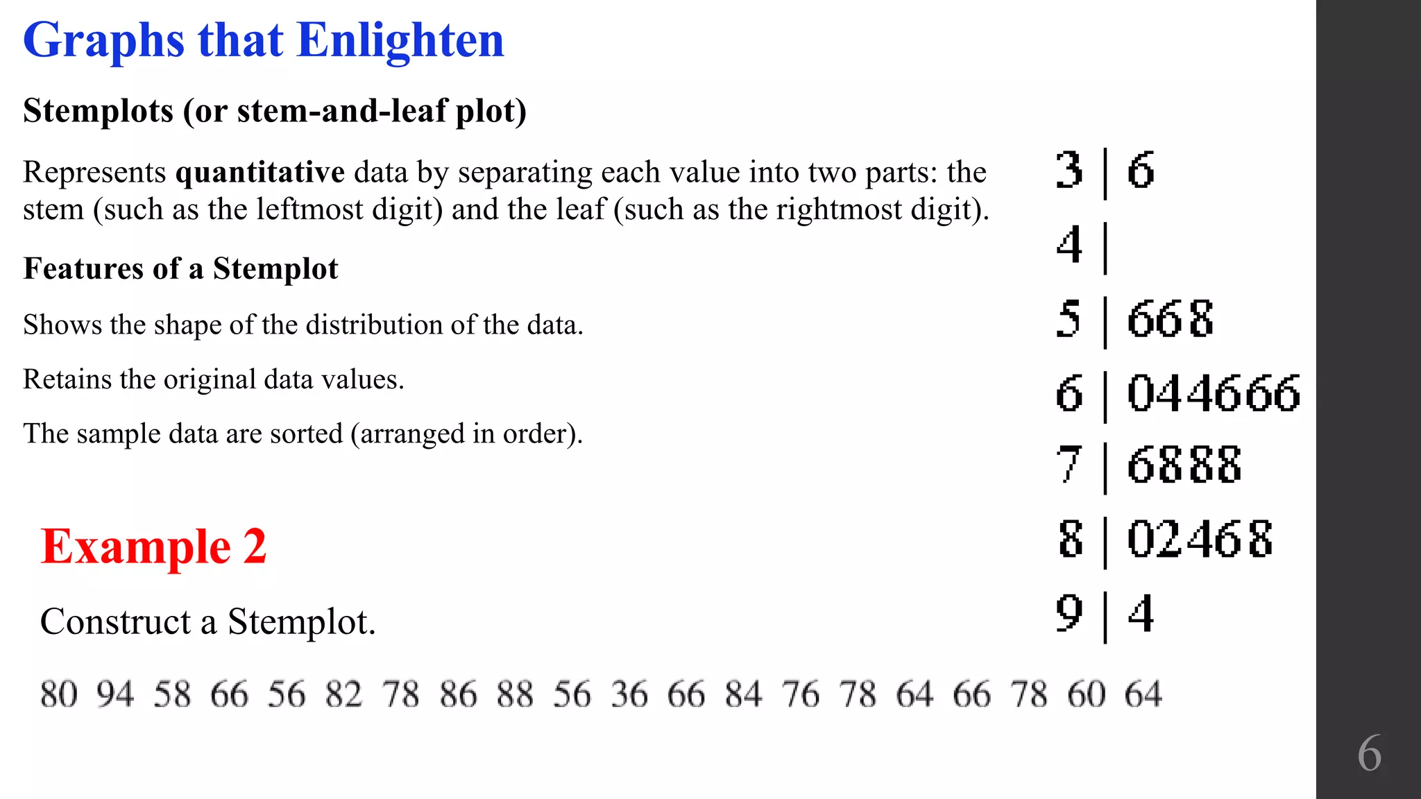 Stemplots (or stem-and-leaf plot)
Represents quantitative data by separating each value into two parts: the
stem (such as the leftmost digit) and the leaf (such as the rightmost digit).
Features of a Stemplot
Shows the shape of the distribution of the data.
Retains the original data values.
The sample data are sorted (arranged in order).
6
Graphs that Enlighten
Example 2
Construct a Stemplot.
 
