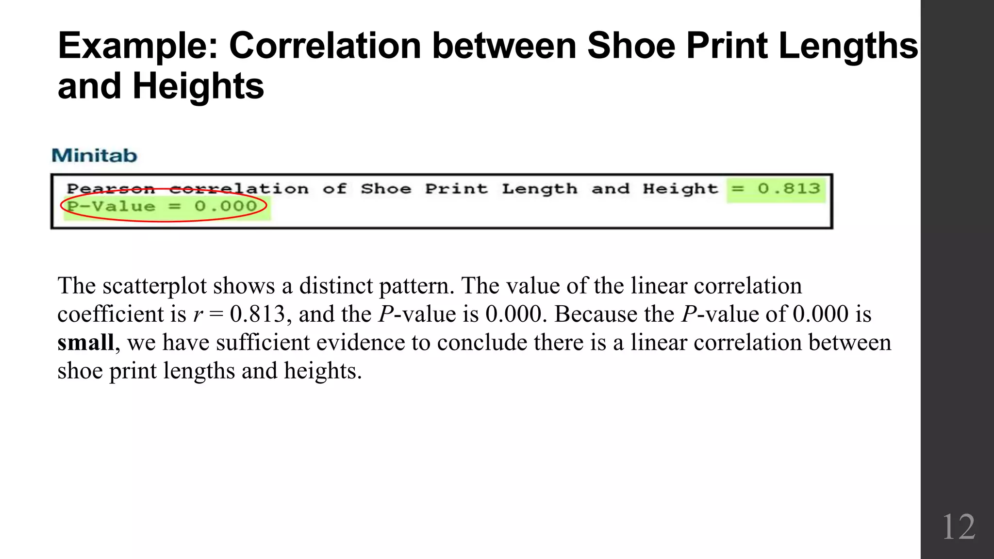 Example: Correlation between Shoe Print Lengths
and Heights
The scatterplot shows a distinct pattern. The value of the linear correlation
coefficient is r = 0.813, and the P-value is 0.000. Because the P-value of 0.000 is
small, we have sufficient evidence to conclude there is a linear correlation between
shoe print lengths and heights.
12
 
