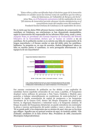 „El proceso de secesión, no es progresista‟. Manuel Herranz Montero Página 13
“Estos niños y niñas sacrificados bajo el durísimo yugo de la inmersión
lingüística en catalán sacan las mismas notas de castellano que los niños y
niñas de Salamanca, de Valladolid, de Burgos y de Soria”.
Artur Mas, en el Parlamento autonómico (28 de septiembre de 2011)
“[El sistema de inmersión] permite alcanzar niveles satisfactorios en el
conocimiento tanto del catalán como del castellano”.
Fundació Escola Cristiana de Catalunya (2 de septiembre de 2011).
No es cierto que los datos PISA ofrezcan buenos resultados de comprensión del
castellano en Catalunya, sus conclusiones se han demostrado manipulables,
según la intervención del responsable de los informes PISA 2003, 2006 y 2009,
Joaquim Prats, ex presidente del Consejo Superior de Evaluación del Sistema
Educativo de la Generalidad, declara que se hacían en catalán y no en
castellano. En la población escolar ya es notoria una falta de comprensión de la
lengua mayoritaria y el fracaso escolar es más del doble entre los castellano-
hablantes. La pregunta es, en caso de secesión, ¿habría bilingüismo? ahora ya
falta en muchas partes el castellano, ¿o sería perseguida abiertamente y sin
tapujos la de uso mayoritario?
Ese enorme crecimiento de población no fue debida a una explosión de
natalidad, fueron españoles arrancados de sus casas y pueblos, el franquismo
desplazó varios millones de personas a País Vasco, Cataluña y Madrid, para
ponerlos a trabajar miserablemente en condiciones de semi-esclavitud y así
permitir la rápida acumulación de capital de postguerra a las burguesías
triunfantes de la Guerra Civil, dentro del bloque franquista las principales
fueron, la oligarquía financiera e industrial vasca y la burguesía catalana. El
bloque de poder del franquismo dictatorial, no puede entenderse sin contemplar
la plena y enorme participación del poder catalán y vasco y ahora van y dicen
„No se puede pedir a los emigrantes que se sientan de aquí, sino que se los tiene
que obligar. Aquellos que no quieran sentirse de aquí, no tendrán cabida‟. Vila
d‟Abadal, candidato en la lista d‟Artur Mas. Presidente de AMI, (Asociación
Municipios Independentistas).
 