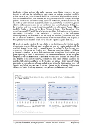 „El proceso de secesión, no es progresista‟. Manuel Herranz Montero Página 25
Cualquier política a desarrollar debe contener como básico convencer de que
España no solo son los individuos y tópicos que los indepes manejan, también
somos usted y yo, y centenares de miles de ciudadanos progresistas actuales, y
la clase obrera catalana, que no se ve por ninguna movilización indepe; la huelga
general catalana de noviembre 2017, como de costumbre, las movilizaciones en
las calles y carreteras son mayoritariamente de jovencitos y funcionarios, pocos
obreros industriales en uno de los territorios más industrializados de España.
Lo principal será convencer de que los españoles no solo fueron Franco y Mola,
también Azaña y Giner de los Ríos, Tuñón de Lara, y los ilustrados y los
republicanos del XIX y del XX, y la Institución Libre de Enseñanza, y el enorme
movimiento anarquista y los socialistas y comunistas y los luchadores
antifranquistas y los demócratas de antaño y los actuales; jóvenes no solo hay
en las calles de Cataluña, también están en las universidades y en el paro y
trabajando y otros muchos están por el mundo, o por Badajoz o Zamora…
El grado de gasto público de un estado y su distribución territorial, puede
considerarse una medida de descentralización que en cierto sentido mide la
cualidad federal de ese estado, entendida como la atribución de soberanía que
comparten diferentes territorios con distintas administraciones públicas
gobernando en ellos. A pesar de los cabreos que se originan diariamente, que
para algunos justifican la conveniencia de una desmembración del estado para
dirigirlo hacia una federación, la realidad concreta que ofrecen los estudios es
que España es un estado federal, comparable con otros estados federales en
cuanto atribuciones cedidas a los territorios, las CCAA, tiene una estructura
particular y concreta con algunas deficiencias, como la financiación, etc. y el
Senado que habrá que reconvertir ya, en cámara territorial donde diriman sus
diferencias los territorios y no siempre en peleas con el Gobierno Central.
 