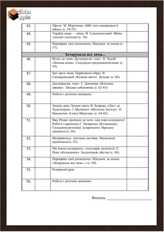43. Щастя. М. Морозенко «Мій тато повернувся із
війни» (с. 54-55).
44. Україна наша — вічна. В. Сухомлинський «Вічна
тополя» (легенда) (с. 56).
45. Перевіряю свої досягнення. Підсумок за темою (с.
57).
Зачарувала все зима...
46. Вступ до теми. Досліджуємо текст. В. Чухліб
«Зимова казка». Складання продовження казки (с.
59).
47. Білі шати зими. Порівняння-образ. В.
Скомаровський «Казкові шати». Загадки (с. 60).
48. Досліджуємо текст. Г. Демченко «Ялинова
шишка». Загадка-добавлянка (с. 62-63).
49. Робота з дитячою книжкою.
50. Зимові дива. Зимові свята. В. Багірова «Лист до
Чудотворця». І. Малкович «Молитва Ангелу». О.
Наконечна «Свято Миколая» (с. 64-65).
51. Вже Різдво прийшло до хати, нам пора колядувати!
Робота з картиною Г. Назаренко «Колядники».
Складання розповіді за картиною. Народна
прикмета (с. 66).
52. Медіавіконце: вітальна листівка. Написання
привітання (с. 67).
53. Ми йдемо колядувати, господарів величати! Л.
Повх «Колядники». Інсценізація дійства (с. 68).
54. Перевіряю свої досягнення. Підсумок за темою
«Зачарувала все зима...» (с. 69).
55. Резервний урок
56. Робота з дитячою книжкою.
Вчитель _______________________
 