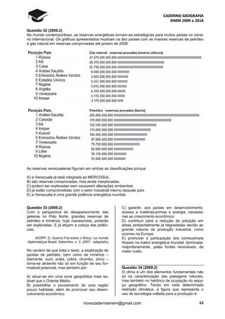 CADERNO GEOGRAFIA
ENEM 2009 a 2018
12novocadernoenem@gmail.com
Questão 32 (2009.2)
No mundo contemporâneo, as reservas energéticas tornam-se estratégicas para muitos países no cená-
rio internacional. Os gráficos apresentados mostram os dez países com as maiores reservas de petróleo
e gás natural em reservas comprovadas até janeiro de 2008.
As reservas venezuelanas figuram em ambas as classificações porque:
A) a Venezuela já está integrada ao MERCOSUL.
B) são reservas comprovadas, mas ainda inexploradas.
C) podem ser exploradas sem causarem alterações ambientais.
D) já estão comprometidas com o setor industrial interno daquele país.
E) a Venezuela é uma grande potência energética mundial.
Questão 33 (2009.2)
Com a perspectiva do desaparecimento das
geleiras no Polo Norte, grandes reservas de
petróleo e minérios, hoje inacessíveis, poderão
ser exploradas. E já atiçam a cobiça das potên-
cias.
(KOPP, D. Guerra Fria sobre o Ártico. Le monde
diplomatique Brasil. Setembro, n. 2, 2007 - adaptado)
No cenário de que trata o texto, a exploração de
jazidas de petróleo, bem como de minérios –
diamante, ouro, prata, cobre, chumbo, zinco –
torna-se atraente não só em função de seu for-
midável potencial, mas também por:
A) situar-se em uma zona geopolítica mais es-
tável que o Oriente Médio.
B) possibilitar o povoamento de uma região
pouco habitada, além de promover seu desen-
volvimento econômico.
C) garantir, aos países em desenvolvimento,
acesso a matérias-primas e energia, necessá-
rias ao crescimento econômico.
D) contribuir para a redução da poluição em
áreas ambientalmente já degradadas devido ao
grande volume da produção industrial, como
ocorreu na Europa.
E) promover a participação dos combustíveis
fósseis na matriz energética mundial, dominada,
majoritariamente, pelas fontes renováveis, de
maior custo.
Questão 34 (2009.2)
O clima é um dos elementos fundamentais não
só na caracterização das paisagens naturais,
mas também no histórico de ocupação do espa-
ço geográfico. Tendo em vista determinada
restrição climática, a figura que representa o
uso de tecnologia voltada para a produção é:
 