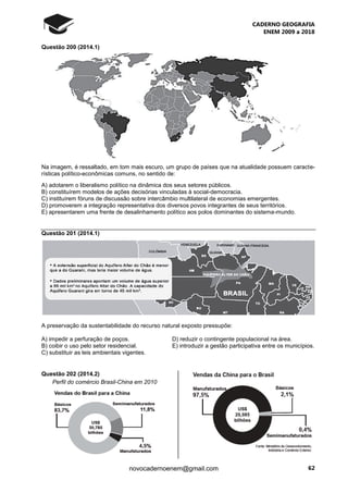 CADERNO GEOGRAFIA
ENEM 2009 a 2018
62novocadernoenem@gmail.com
Questão 200 (2014.1)
Na imagem, é ressaltado, em tom mais escuro, um grupo de países que na atualidade possuem caracte-
rísticas político-econômicas comuns, no sentido de:
A) adotarem o liberalismo político na dinâmica dos seus setores públicos.
B) constituírem modelos de ações decisórias vinculadas à social-democracia.
C) instituírem fóruns de discussão sobre intercâmbio multilateral de economias emergentes.
D) promoverem a integração representativa dos diversos povos integrantes de seus territórios.
E) apresentarem uma frente de desalinhamento político aos polos dominantes do sistema-mundo.
Questão 201 (2014.1)
A preservação da sustentabilidade do recurso natural exposto pressupõe:
A) impedir a perfuração de poços. D) reduzir o contingente populacional na área.
B) coibir o uso pelo setor residencial. E) introduzir a gestão participativa entre os municípios.
C) substituir as leis ambientais vigentes.
Questão 202 (2014.2)
Perfil do comércio Brasil-China em 2010
 