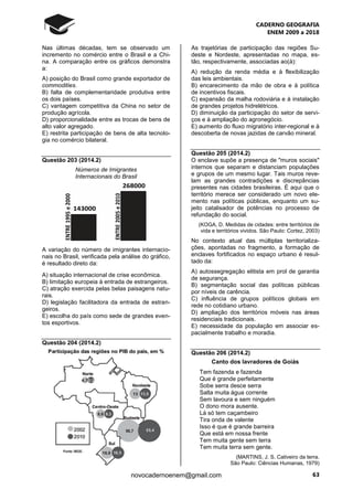 CADERNO GEOGRAFIA
ENEM 2009 a 2018
63novocadernoenem@gmail.com
Nas últimas décadas, tem se observado um
incremento no comércio entre o Brasil e a Chi-
na. A comparação entre os gráficos demonstra
a:
A) posição do Brasil como grande exportador de
commodities.
B) falta de complementaridade produtiva entre
os dois países.
C) vantagem competitiva da China no setor de
produção agrícola.
D) proporcionalidade entre as trocas de bens de
alto valor agregado.
E) restrita participação de bens de alta tecnolo-
gia no comércio bilateral.
Questão 203 (2014.2)
Números de Imigrantes
Internacionais do Brasil
A variação do número de imigrantes internacio-
nais no Brasil, verificada pela análise do gráfico,
é resultado direto da:
A) situação internacional de crise econômica.
B) limitação europeia à entrada de estrangeiros.
C) atração exercida pelas belas paisagens natu-
rais.
D) legislação facilitadora da entrada de estran-
geiros.
E) escolha do país como sede de grandes even-
tos esportivos.
Questão 204 (2014.2)
As trajetórias de participação das regiões Su-
deste e Nordeste, apresentadas no mapa, es-
tão, respectivamente, associadas ao(à):
A) redução da renda média e à flexibilização
das leis ambientais.
B) encarecimento da mão de obra e à política
de incentivos fiscais.
C) expansão da malha rodoviária e à instalação
de grandes projetos hidrelétricos.
D) diminuição da participação do setor de servi-
ços e à ampliação do agronegócio.
E) aumento do fluxo migratório inter-regional e à
descoberta de novas jazidas de carvão mineral.
Questão 205 (2014.2)
O enclave supõe a presença de "muros sociais"
internos que separam e distanciam populações
e grupos de um mesmo lugar. Tais muros reve-
lam as grandes contradições e discrepâncias
presentes nas cidades brasileiras. É aqui que o
território merece ser considerado um novo ele-
mento nas políticas públicas, enquanto um su-
jeito catalisador de potências no processo de
refundação do social.
(KOGA, D. Medidas de cidades: entre territórios de
vida e territórios vividos. São Paulo: Cortez, 2003)
No contexto atual das múltiplas territorializa-
ções, apontadas no fragmento, a formação de
enclaves fortificados no espaço urbano é resul-
tado da:
A) autossegregação elitista em prol de garantia
de segurança.
B) segmentação social das políticas públicas
por níveis de carência.
C) influência de grupos políticos globais em
rede no cotidiano urbano.
D) ampliação dos territórios móveis nas áreas
residenciais tradicionais.
E) necessidade da população em associar es-
pacialmente trabalho e moradia.
Questão 206 (2014.2)
Canto dos lavradores de Goiás
Tem fazenda e fazenda
Que é grande perfeitamente
Sobe serra desce serra
Salta muita água corrente
Sem lavoura e sem ninguém
O dono mora ausente.
Lá só tem caçambeiro
Tira onda de valente
Isso é que é grande barreira
Que está em nossa frente
Tem muita gente sem terra
Tem muita terra sem gente.
(MARTINS, J. S. Cativeiro da terra.
São Paulo: Ciências Humanas, 1979)
 
