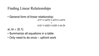 Finding Linear Relationships
• General form of linear relationship:
a1Y1  a2Y2  a3Y3  a4Y4
=
b1Z1  b2Z2  b3Z3  b4 Z4
ai, bi  {0,1}
• Summarize all equations in a table
• Only need to do once – upfront work
 