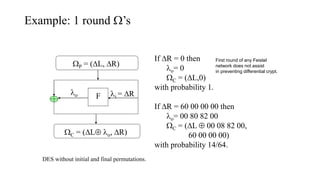 Example: 1 round ’s
F
P = (L, R)
C = (L o, R)
i = Ro
If R = 0 then
o= 0
C = (L,0)
with probability 1.
If R = 60 00 00 00 then
o= 00 80 82 00
C = (L  00 08 82 00,
60 00 00 00)
with probability 14/64.
DES without initial and final permutations.
First round of any Feistel
network does not assist
in preventing differential crypt.
 