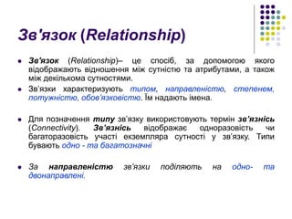 Зв'язок (Relationship)
⚫ Зв'язок (Relationship)– це спосіб, за допомогою якого
відображають відношення між сутністю та атр...