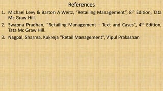 References
1. Michael Levy & Barton A Weitz, “Retailing Management”, 8th Edition, Tata
Mc Graw Hill.
2. Swapna Pradhan, “Retailing Management – Text and Cases”, 4th Edition,
Tata Mc Graw Hill.
3. Nagpal, Sharma, Kukreja “Retail Management”, Vipul Prakashan
 