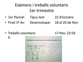 Exàmens i treballs voluntaris
1er trimestre
• 1er Parcial: Tipus test 22 d’octubre
• Final 1ª Av: Desenvolupar 18 al 20 de Nov
• Treballs voluntaris 17 Nov. 23:59
h.
 