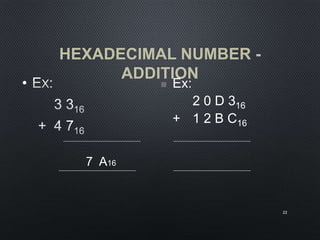 HEXADECIMAL NUMBER -
ADDITION
•
22
 Ex:
2 0 D 316
+ 1 2 B C16
7 A16
 