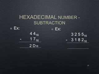 HEXADECIMAL NUMBER -
SUBTRACTION
23
 Ex:
4 416
- 1 716
 Ex:
3 2 5 516
- 3 1 8 216
2 D16
 