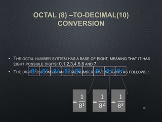 OCTAL (8) –TO-DECIMAL(10)
CONVERSION
•
•
40
84 83 82 81 80 •. 8-1 8-2 8-3
=
1
81
=
1
82
=
1
83
 