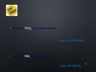 • CONVERT INTO BINARY NUMBER
• CONVERT INTO BINARY NUMBER
49
Ans: 1111011110102
Ans: 1011001102
 