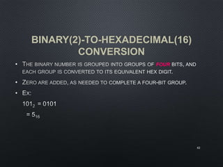 BINARY(2)-TO-HEXADECIMAL(16)
CONVERSION
• FOUR
•
•
62
 
