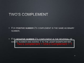 •
•
77
Two’s complement = One’s Complement + 1
 