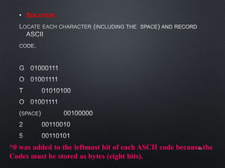 • SOLUTION:
93*0 was added to the leftmost bit of each ASCII code because the
Codes must be stored as bytes (eight bits).
 