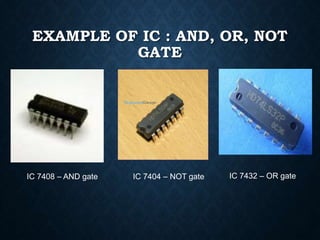 EXAMPLE OF IC : AND, OR, NOT
GATE
IC 7408 – AND gate IC 7404 – NOT gate IC 7432 – OR gate
 