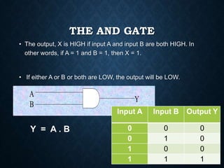 THE AND GATE
• The output, X is HIGH if input A and input B are both HIGH. In
other words, if A = 1 and B = 1, then X = 1.
• If either A or B or both are LOW, the output will be LOW.
A
B
Y
Y = A . B
Input A Input B Output Y
0 0 0
0 1 0
1 0 0
1 1 1
 