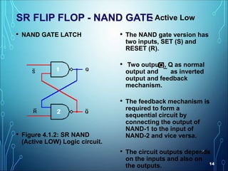 14
14
SR FLIP FLOP - NAND GATE
• NAND GATE LATCH
• Figure 4.1.2: SR NAND
(Active LOW) Logic circuit.
• The NAND gate version has
two inputs, SET (S) and
RESET (R).
• Two outputs, Q as normal
output and ¯ as inverted
output and feedback
mechanism.
• The feedback mechanism is
required to form a
sequential circuit by
connecting the output of
NAND-1 to the input of
NAND-2 and vice versa.
• The circuit outputs depends
on the inputs and also on
the outputs.
Q
1
2
1
2
1
2
1
2
1
2
1
2
1
222
1
2
- Active Low
 
