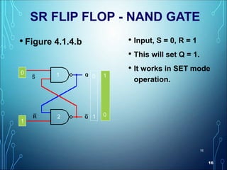 16
16
SR FLIP FLOP - NAND GATE
• Input, S = 0, R = 1
• This will set Q = 1.
• It works in SET mode
operation.
• Figure 4.1.4.b
0
1
0 1
01
1
2
 