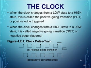 29
29
THE CLOCK
• When the clock changes from a LOW state to a HIGH
state, this is called the positive-going transition (PGT)
or positive edge triggered.
• When the clock changes from a HIGH state to a LOW
state, it is called negative going transition (NGT) or
negative edge triggered.
Figure 4.2.1: Clock Pulse-Train
(a) Positive going transition
(b) Negative going transition
Enable
Disable
 