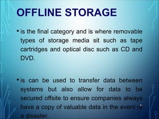 OFFLINE STORAGE
• is the final category and is where removable
types of storage media sit such as tape
cartridges and optical disc such as CD and
DVD.
• is can be used to transfer data between
systems but also allow for data to be
secured offsite to ensure companies always
have a copy of valuable data in the event of
a disaster.
61
 