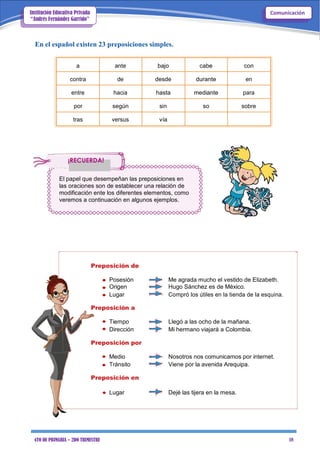 4TO DE PRIMARIA – 2DO TRIMESTRE 18
ComunicaciónInstitución Educativa Privada
“Andrés Fernández Garrido”
En el español existen 23 preposiciones simples.
a ante bajo cabe con
contra de desde durante en
entre hacia hasta mediante para
por según sin so sobre
tras versus vía
¡RECUERDA!
El papel que desempeñan las preposiciones en
las oraciones son de establecer una relación de
modificación ente los diferentes elementos, como
veremos a continuación en algunos ejemplos.
Preposición de

Posesión Me agrada mucho el vestido de Elizabeth.
Origen Hugo Sánchez es de México.
Lugar Compró los útiles en la tienda de la esquina.
Preposición a
Tiempo Llegó a las ocho de la mañana.
Dirección Mi hermano viajará a Colombia.
Preposición por
Medio Nosotros nos comunicamos por internet.
Tránsito Viene por la avenida Arequipa.
Preposición en

Lugar Dejé las tijera en la mesa.
 