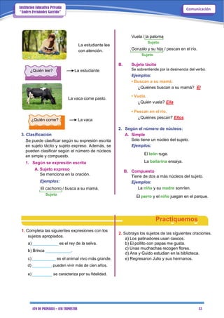 4TO DE PRIMARIA – 1ER TRIMESTRE 33
ComunicaciónInstitución Educativa Privada
“Andrés Fernández Garrido”
La estudiante lee
con atención.
¿Quién lee? La estudiante
La vaca come pasto.
¿Quién come? La vaca
3. Clasificación
Se puede clasificar según su expresión escrita
en sujeto tácito y sujeto expreso. Además, se
pueden clasificar según el número de núcleos
en simple y compuesto.
1. Según se expresión escrita
A. Sujeto expreso
Se menciona en la oración.
Ejemplos:
El cachorro / busca a su mamá.
Sujeto
Vuela / la paloma
Sujeto
Gonzalo y su hijo / pescan en el río.
Sujeto
B. Sujeto tácito
Se sobrentiende por la desinencia del verbo.
Ejemplos:
• Buscan a su mamá.
¿Quiénes buscan a su mamá? Él
• Vuela.
¿Quién vuela? Ella
• Pescan en el río.
¿Quiénes pescan? Ellos
2. Según el número de núcleos:
A. Simple
Solo tiene un núcleo del sujeto.
Ejemplos:
El león ruge.
La bailarina ensaya.
B. Compuesto
Tiene de dos a más núcleos del sujeto.
Ejemplos:
La niña y su madre sonríen.
El perro y el niño juegan en el parque.
Practiquemos
1. Completa las siguientes expresiones con los
2. Subraya los sujetos de las siguientes oraciones.
sujetos apropiados.
a) Los patinadores usan cascos.
a) ___________ es el rey de la selva. b) El pollito con papas me gusta.
b) Brinca ___________.
c) Unas muchachas recogen flores.
d) Ana y Guido estudian en la biblioteca.
c) __________ es el animal vivo más grande. e) Regresaron Julio y sus hermanos.
d) _________ pueden vivir más de cien años.
e) _________ se caracteriza por su fidelidad.
 